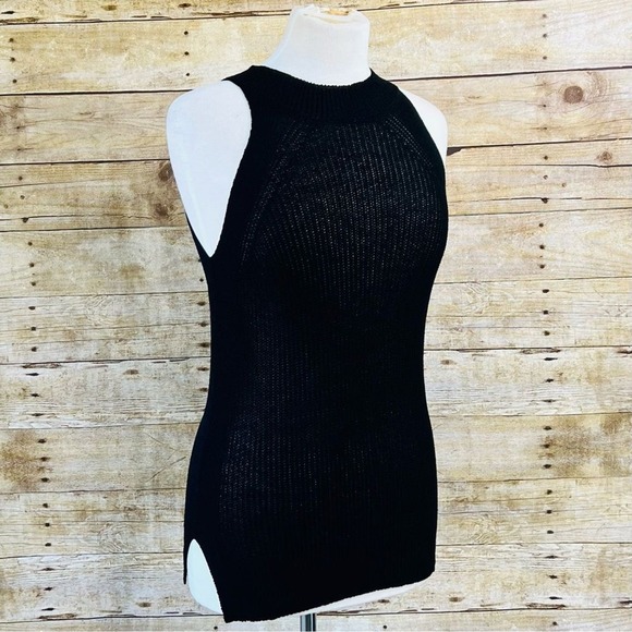 Unbranded Tops - Black‎ High Neck Halter Knit Sleeveless Top with Side Slits Ribbed Tank